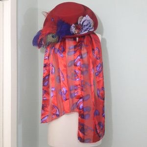 Red hat society feather hat scarf combo flower